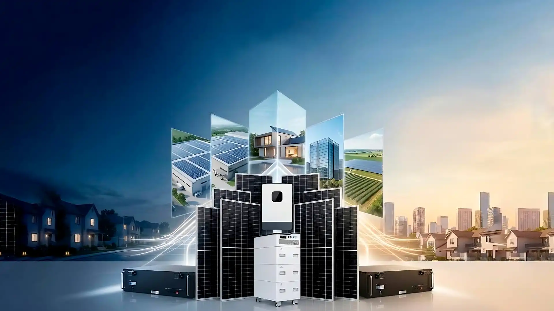 Amanecer sobre un ecosistema solar Comcast Energy: arreglo fotovoltaico, baterías apiladas e inversor frente a una ciudad iluminada