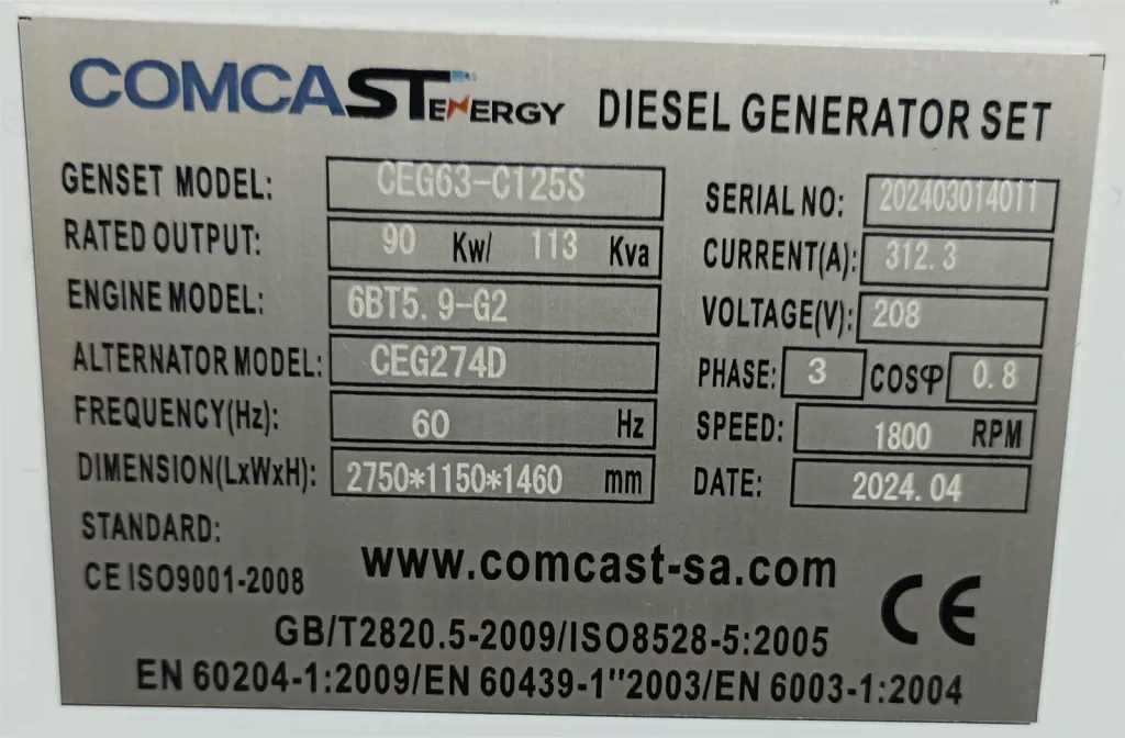 Placa de datos CEG63-C125S: 90 kW / 113 kVA, 60 Hz