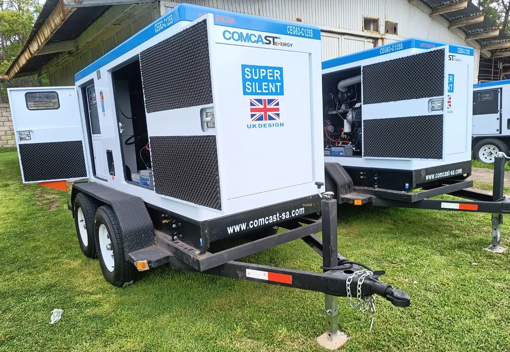 Planta Super Silent en remolque con puertas abiertas, planta de 100 kW