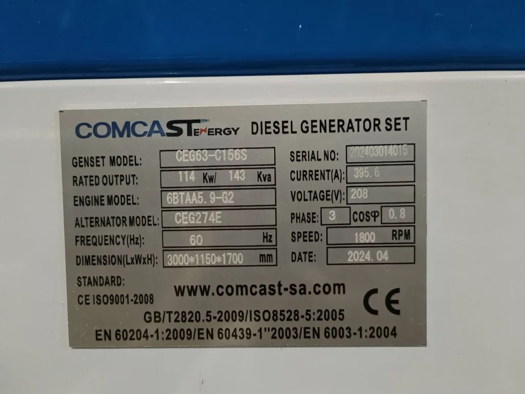 Placa de datos CEG63-C156S: 114 kW / 143 kVA