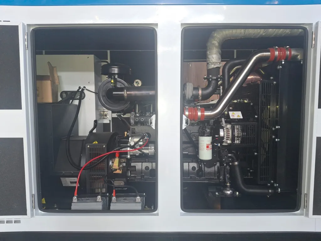 Planta 150 kW con puertas abiertas: motor, alternador y baterías, modelo CEG63-C187S de 150 kW