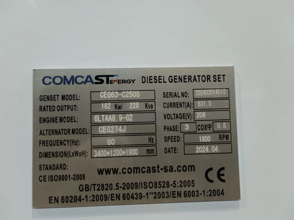 Planta eléctrica Comcast Energy Placa de datos CEG63-C250S: /