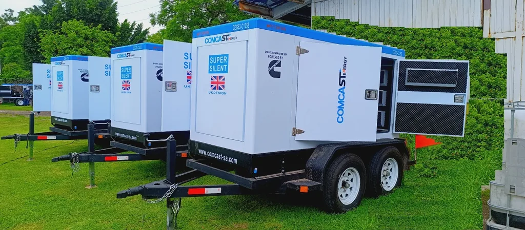 Fila de plantas eléctricas Comcast Energy de 100 kW montadas en remolque sobre césped