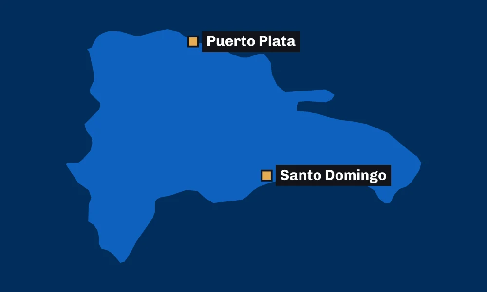 Ilustración Comcast Energy: mapa de República Dominicana, con las oficinas de Santo Domingo y Puerto Plata