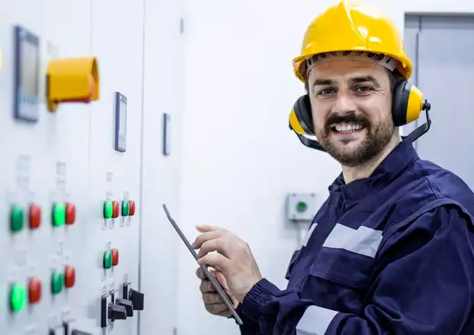 Ingeniero eléctrico de Comcast Energy revisando un tablero de control
