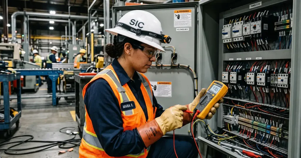 Técnica de Comcast Energy midiendo un tablero eléctrico industrial