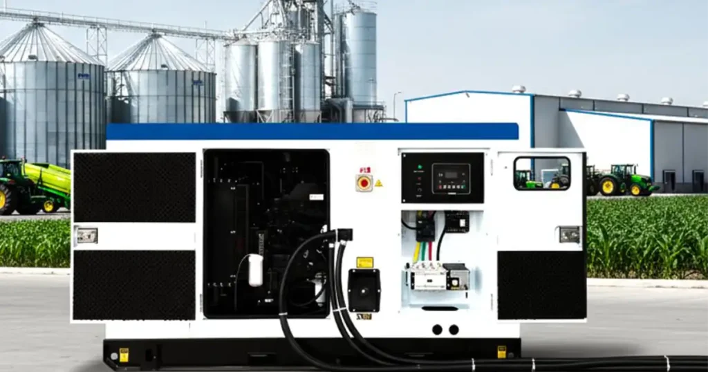 Planta eléctrica a diésel Comcast Energy con cabina abierta frente a silos agroindustriales
