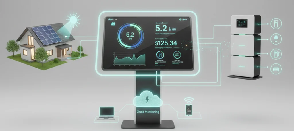 Dashboard de monitoreo Comcast Energy con la generación solar activa, el estado de carga de la batería y el consumo en tiempo real