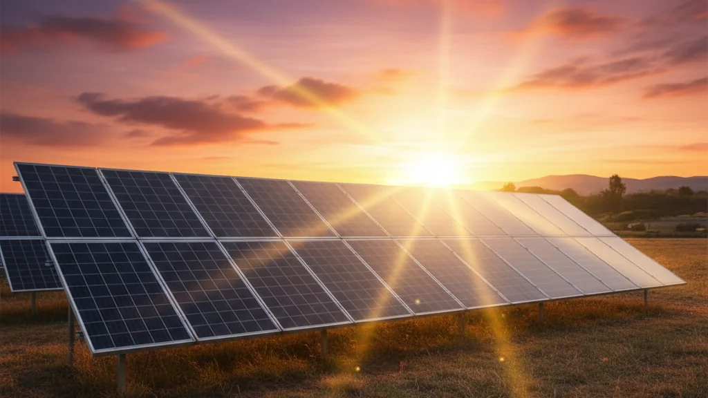 Filas de paneles solares fotovoltaicos inclinados sobre una pradera, con el sol poniente detrás del arreglo