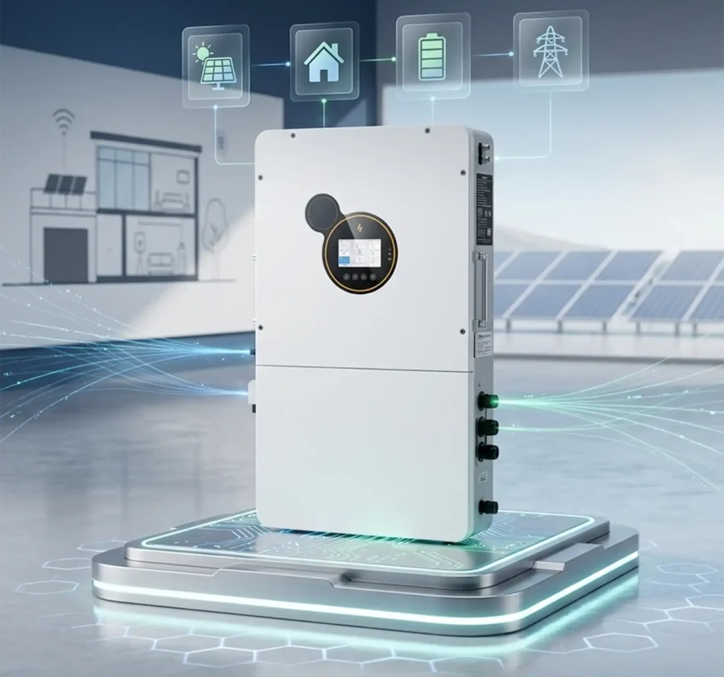 Inversor trifásico industrial Comcast Energy frente a paneles solares